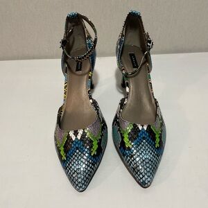 Array Pointed-Toe Ankle-Strap Pumps , size 9.5 W ,snake print.
